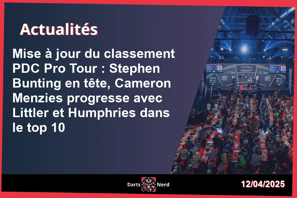 Mise à jour du classement PDC Pro Tour : Stephen Bunting en tête, Cameron Menzies progresse avec Littler et Humphries dans le top 10