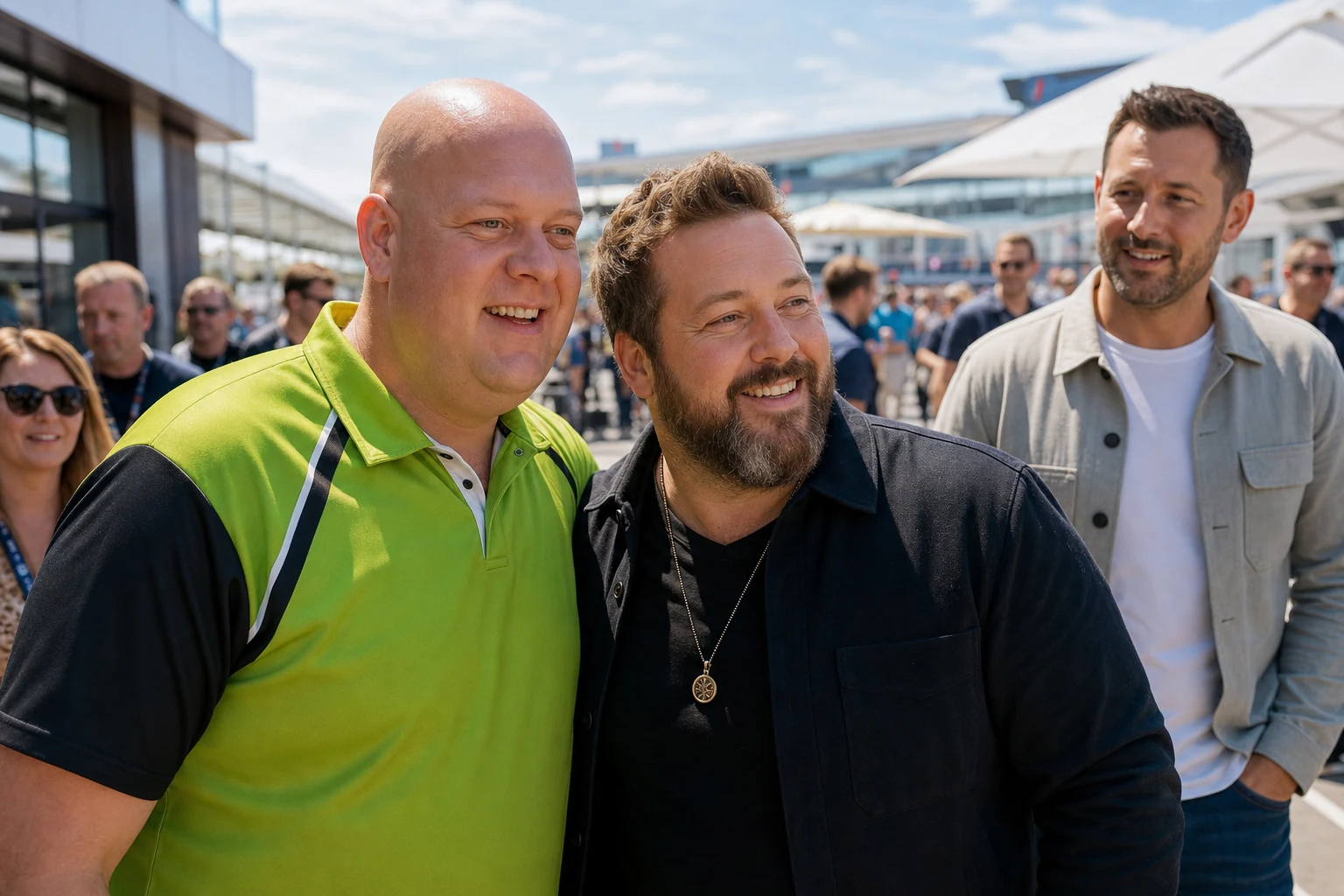 Michael van Gerwen et Luke Humphries à Silverstone, MVG photographié avec Lewis Capaldi
